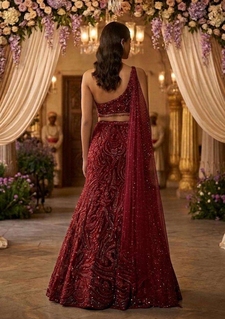 Maroon Embroidered Bridal Lehenga Set - Indya
