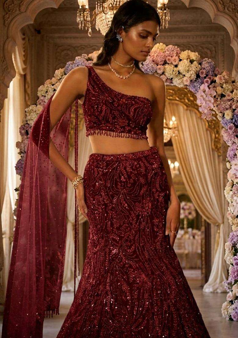 Maroon Embroidered Bridal Lehenga Set - Indya