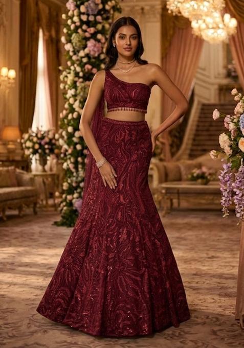 Maroon Embroidered Bridal Lehenga Set — view on Indya