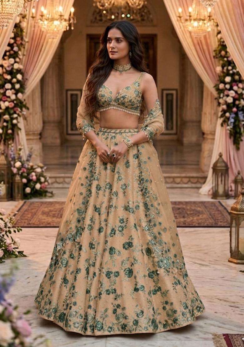 Beige Embroidered Bridal Lehenga Set - Indya