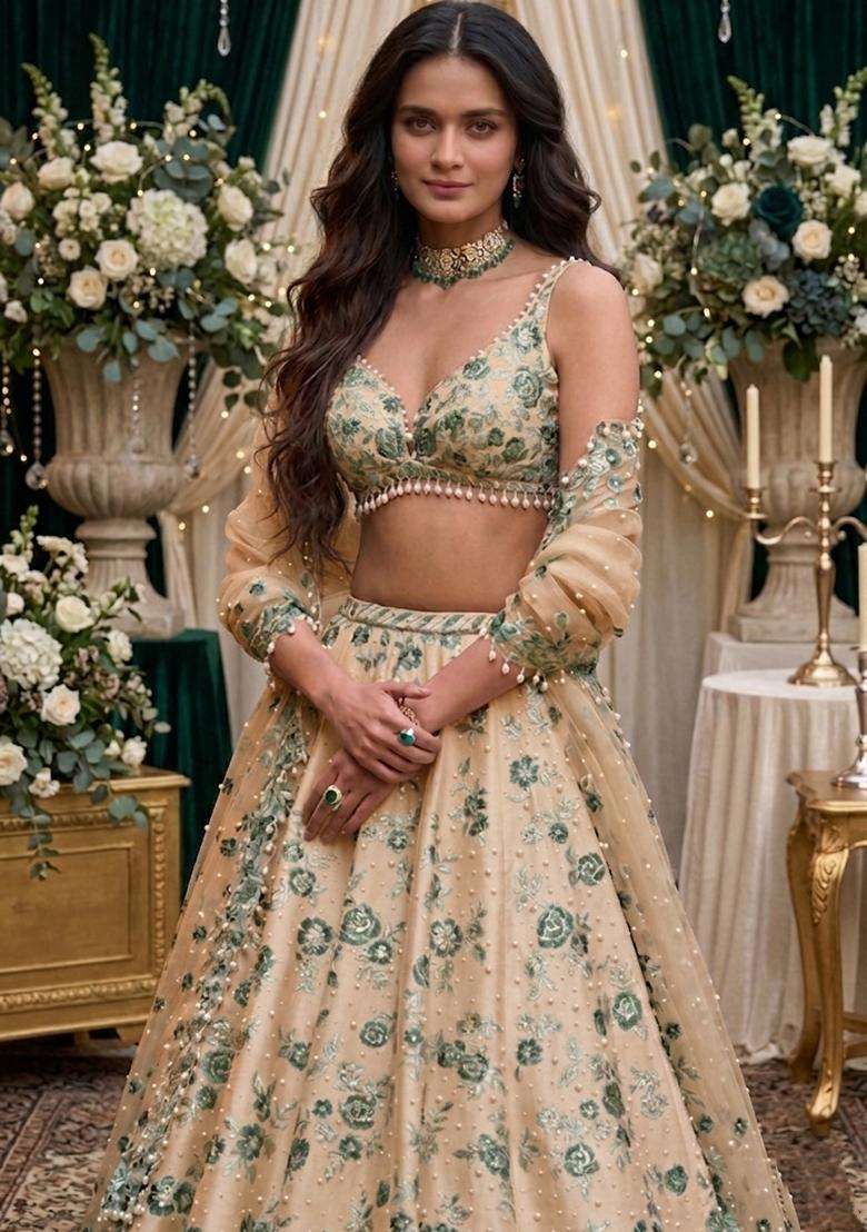 Beige Embroidered Bridal Lehenga Set - Indya