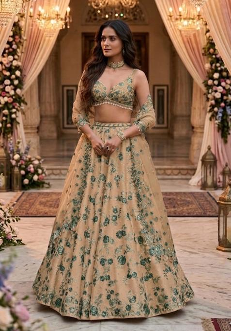 Beige Embroidered Bridal Lehenga Set — view on Indya