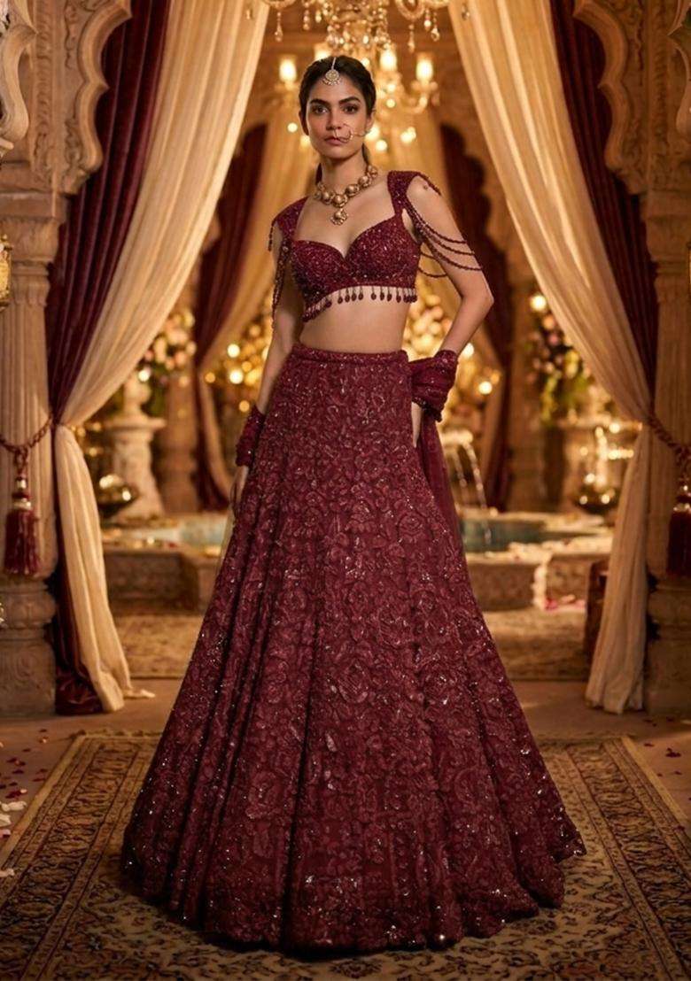 Deep Maroon Embroidered Bridal Lehenga Set - Indya