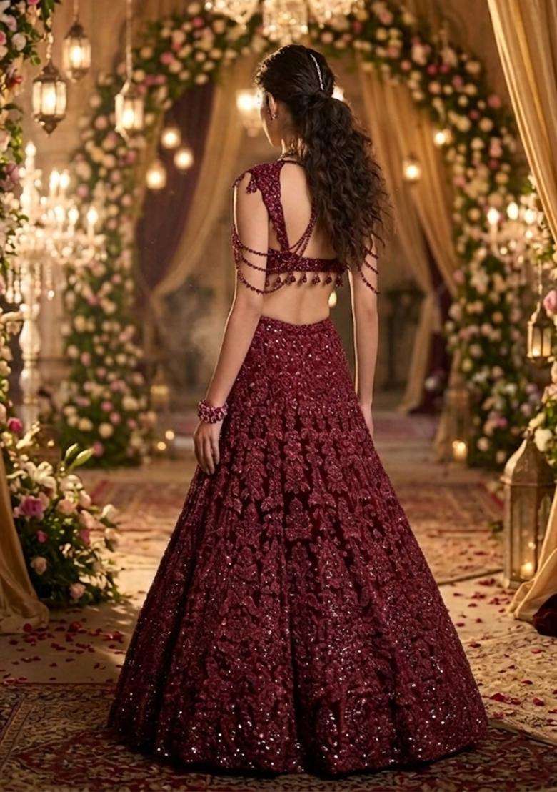 Deep Maroon Embroidered Bridal Lehenga Set - Indya