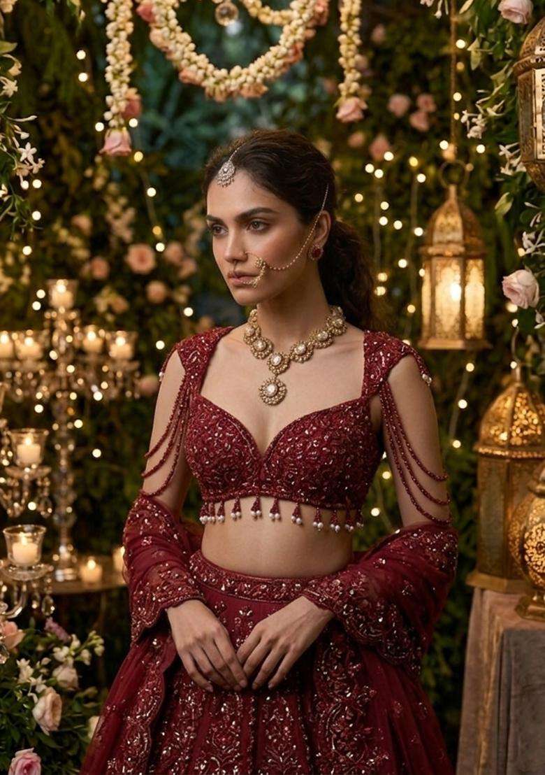 Deep Maroon Embroidered Bridal Lehenga Set - Indya
