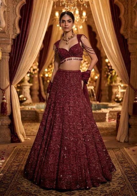 Deep Maroon Embroidered Bridal Lehenga Set — view on Indya