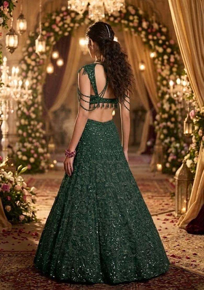 Emerald Green Embroidered Bridal Lehenga Set - Indya