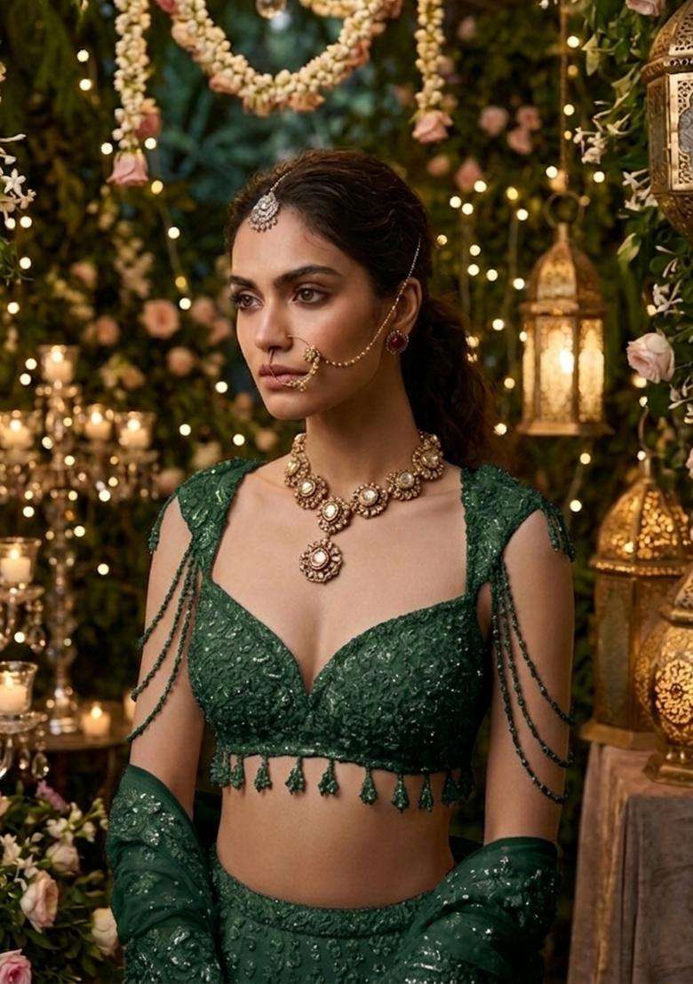 Emerald Green Embroidered Bridal Lehenga Set - Indya