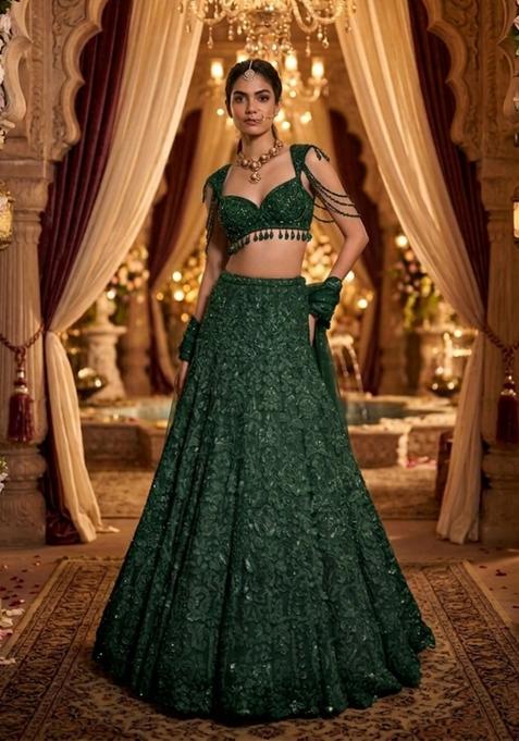 Emerald Green Embroidered Bridal Lehenga Set — view on Indya