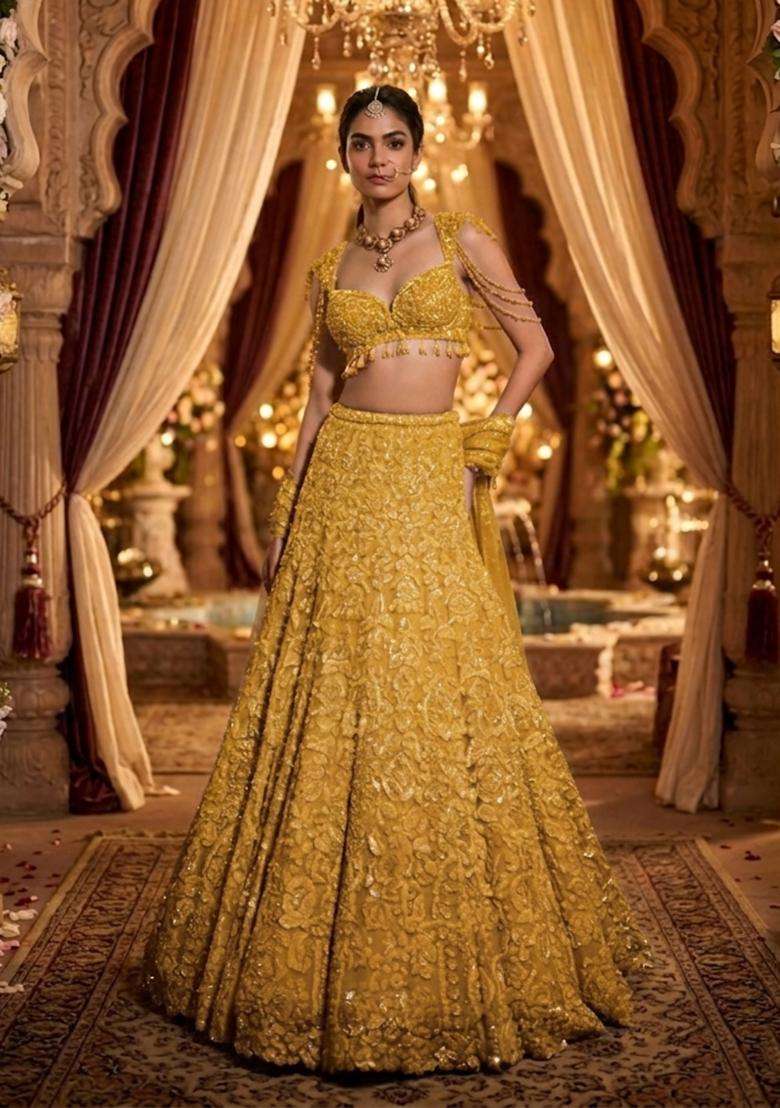 Yellow  Embroidered Bridal Lehenga Set - Indya