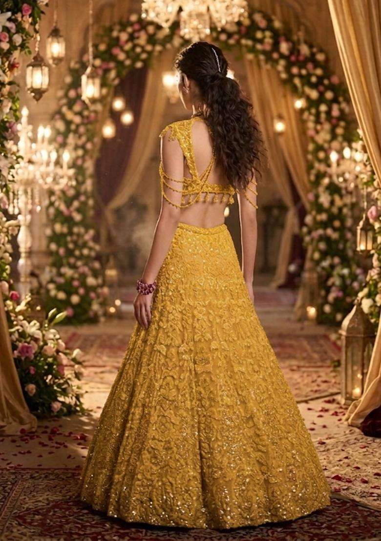 Yellow  Embroidered Bridal Lehenga Set - Indya