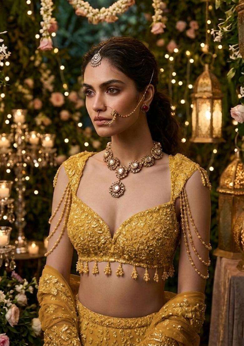 Yellow  Embroidered Bridal Lehenga Set - Indya