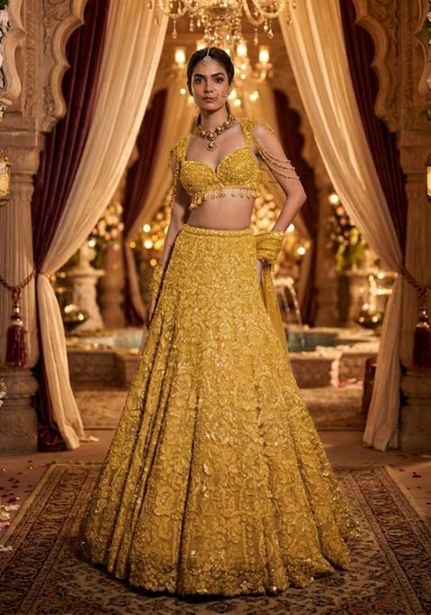 Yellow Embroidered Bridal Lehenga Set — view on Indya