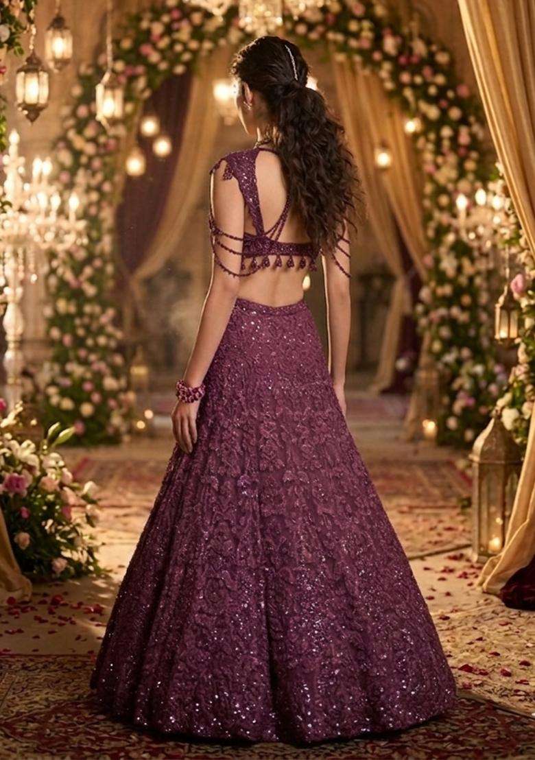 Purple Embroidered Bridal Lehenga Set - Indya
