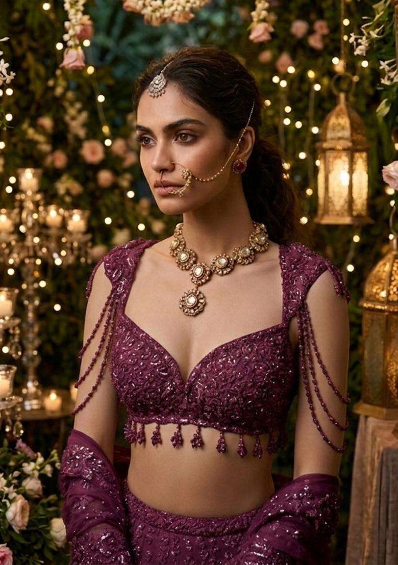 Purple Embroidered Bridal Lehenga Set - Indya