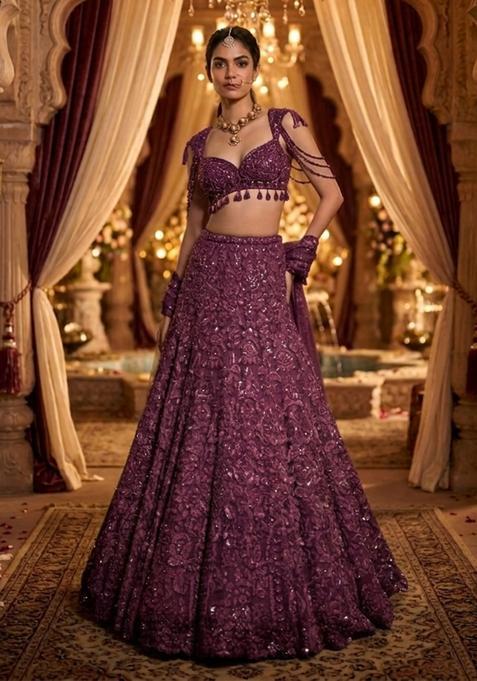 Purple Embroidered Bridal Lehenga Set — view on Indya