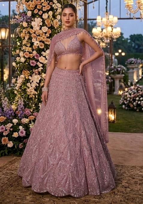 Dusty Rose Sequin Bridal Lehenga Set — view on Indya