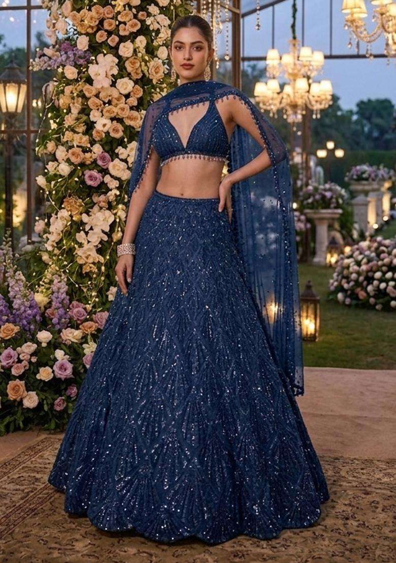 Navy Blue  Sequin Bridal Lehenga Set - Indya