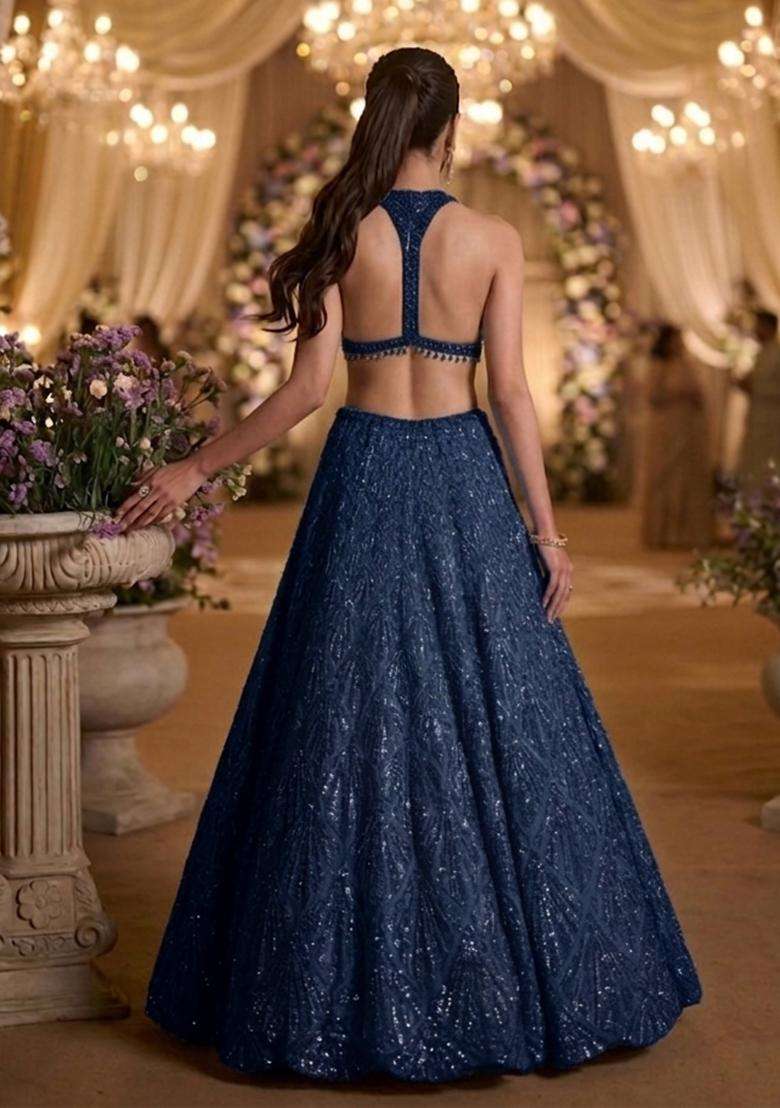Navy Blue  Sequin Bridal Lehenga Set - Indya