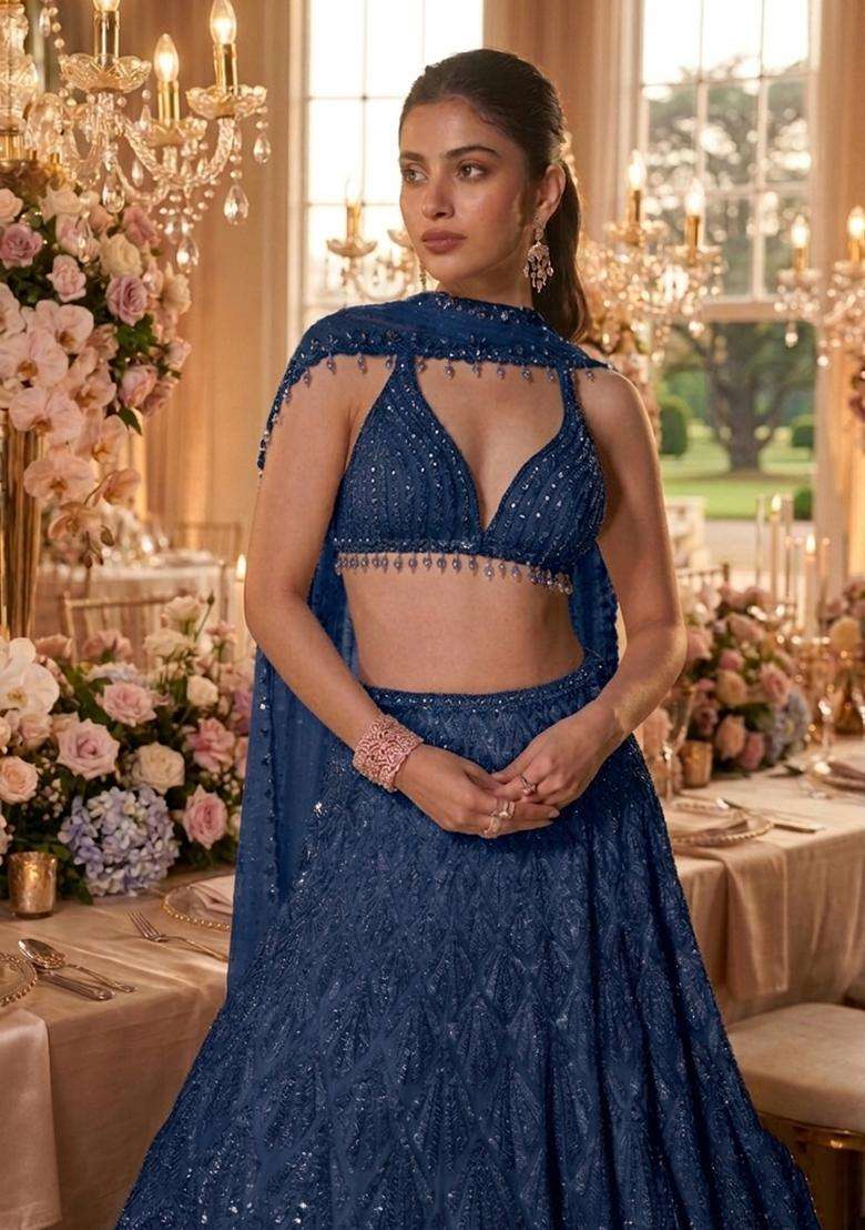 Navy Blue  Sequin Bridal Lehenga Set - Indya