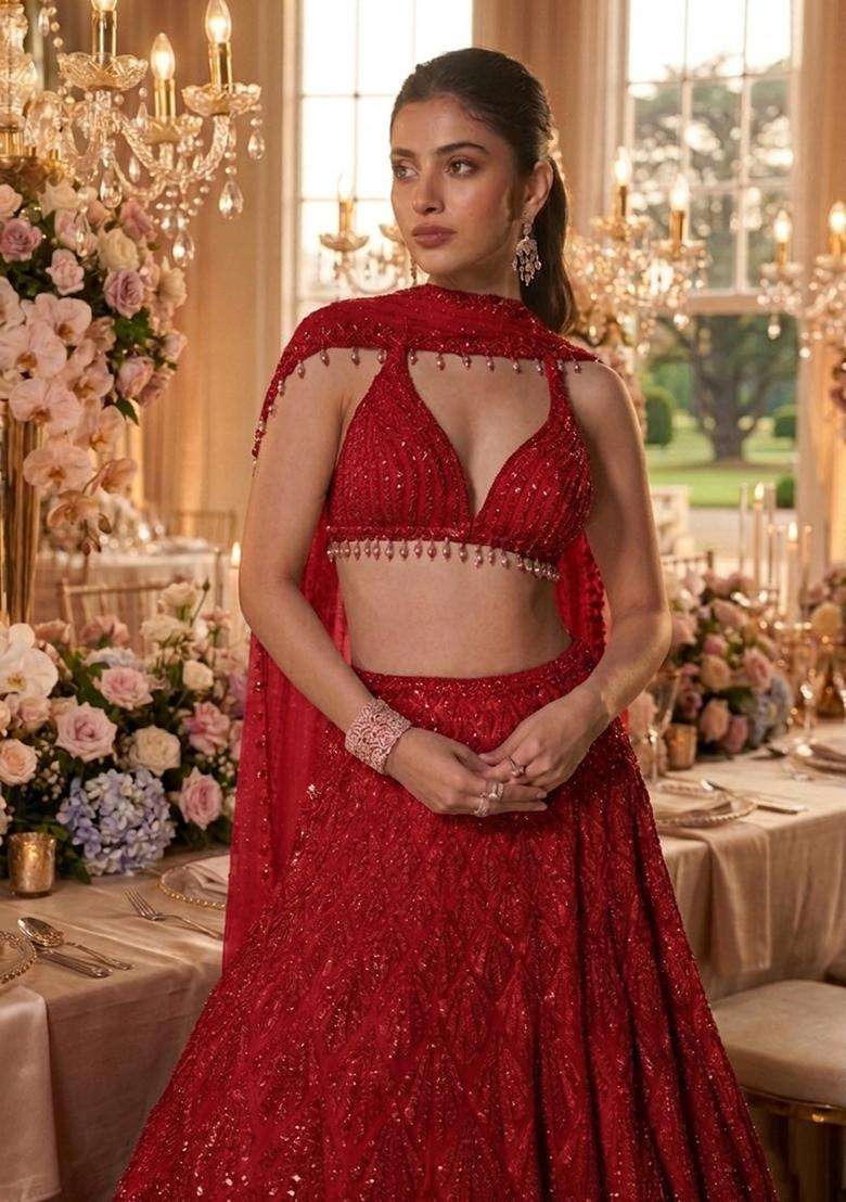 Royal Red  Sequin Bridal Lehenga Set - Indya