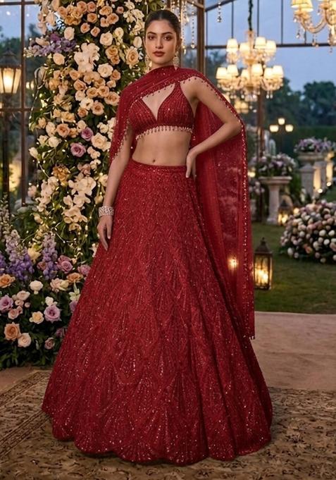 Royal Red Sequin Bridal Lehenga Set — view on Indya