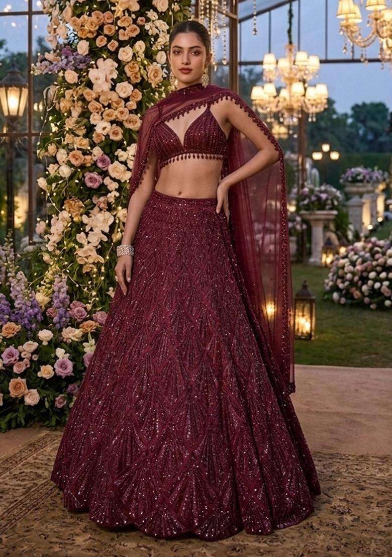 Maroon Sequin Bridal Lehenga Set - Indya