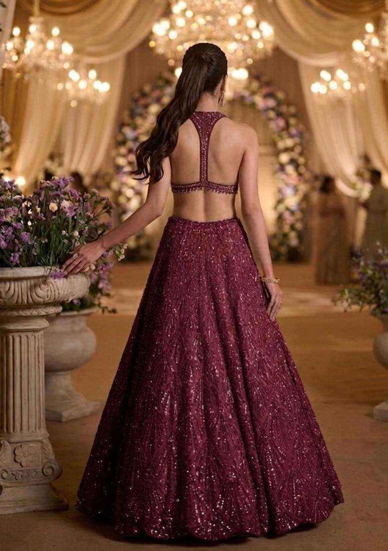 Maroon Sequin Bridal Lehenga Set - Indya