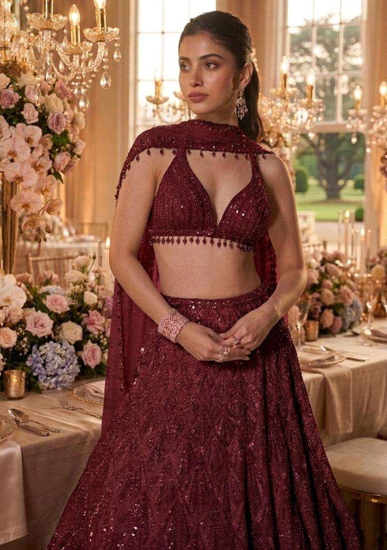 Maroon Sequin Bridal Lehenga Set - Indya