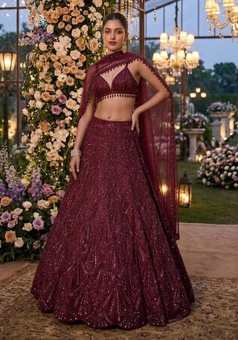 Maroon Sequin Bridal Lehenga Set — view on Indya
