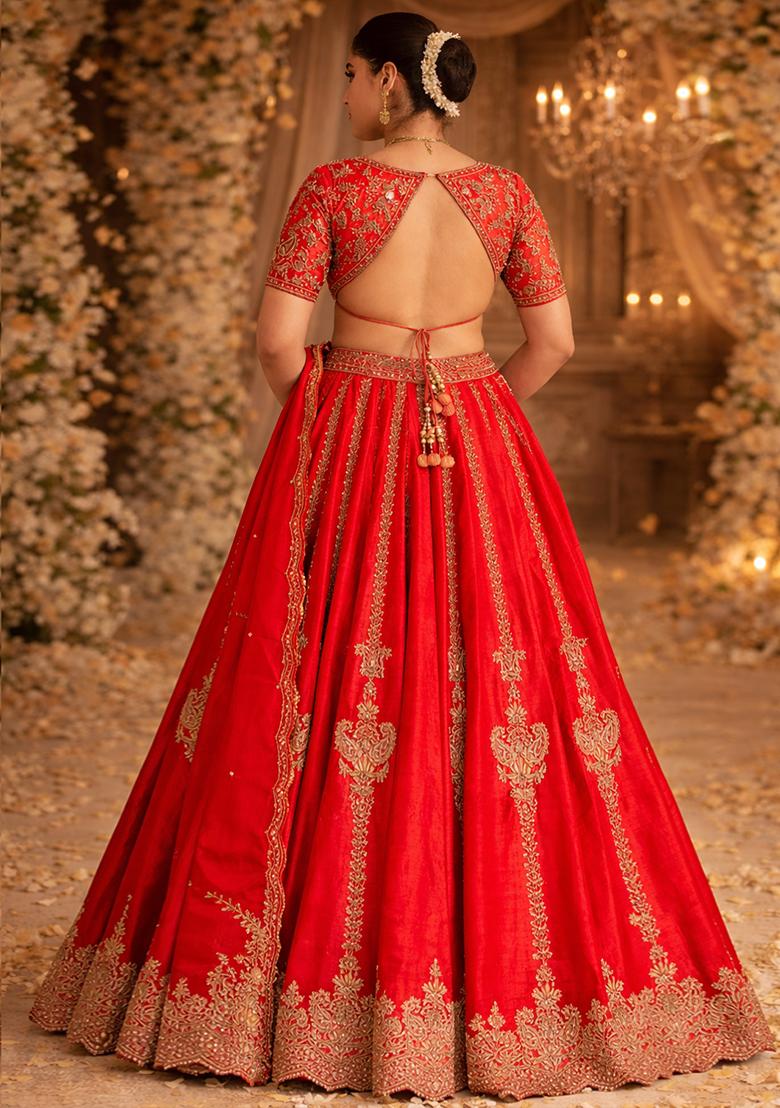 Red Embroidered  Bridal Lehenga Set - Indya