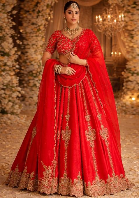 Red Embroidered  Bridal Lehenga Set