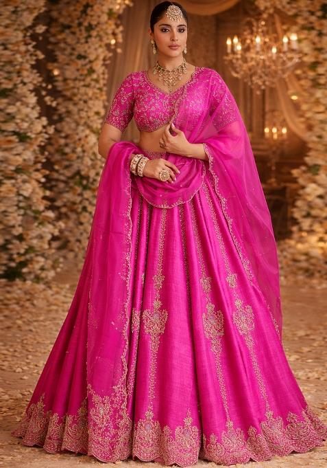 Pink Embroidered Bridal Lehenga Set — view on Indya