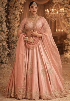 Peach Embroidered  Bridal Lehenga Set