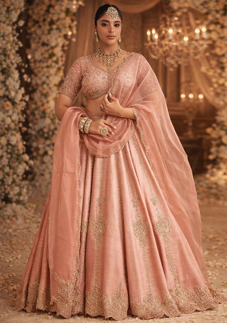 Peach Embroidered  Bridal Lehenga Set - Indya