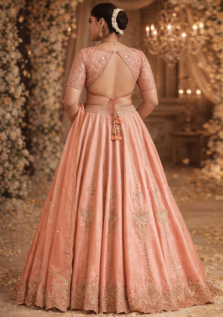 Peach Embroidered  Bridal Lehenga Set - Indya