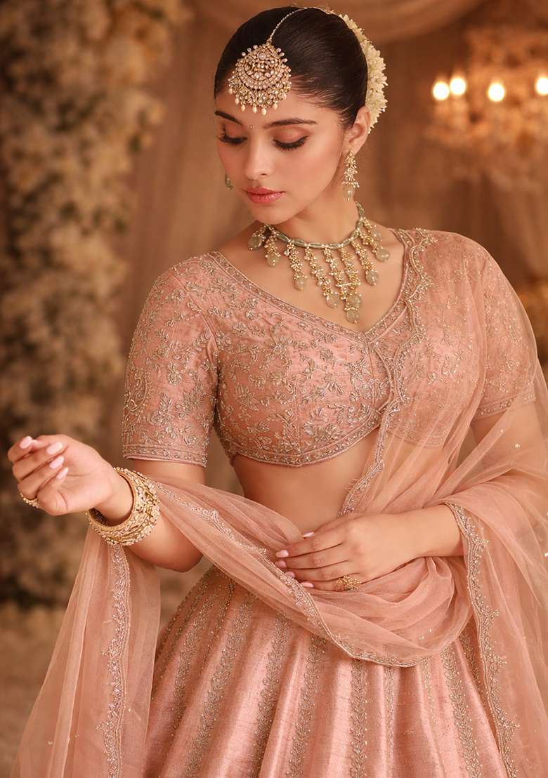 Peach Embroidered  Bridal Lehenga Set - Indya