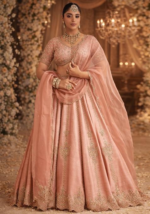 Peach Embroidered Bridal Lehenga Set — view on Indya