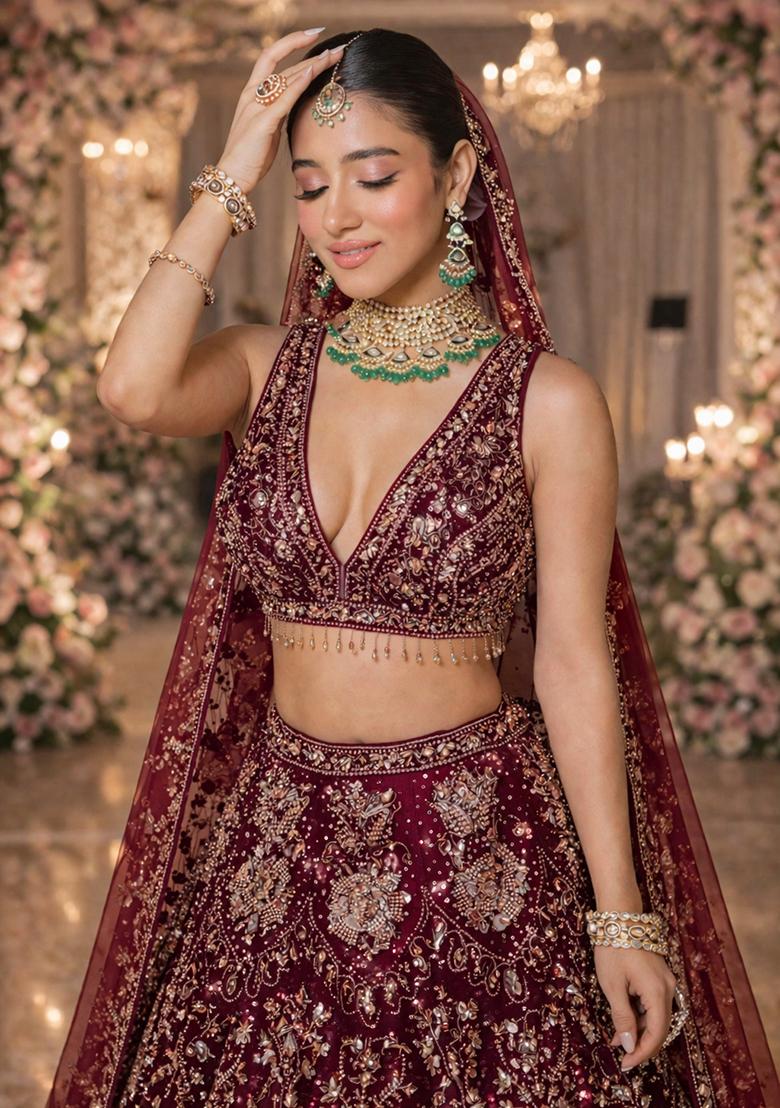 Maroon Embroidered&nbsp; Bridal Lehenga Set - Indya