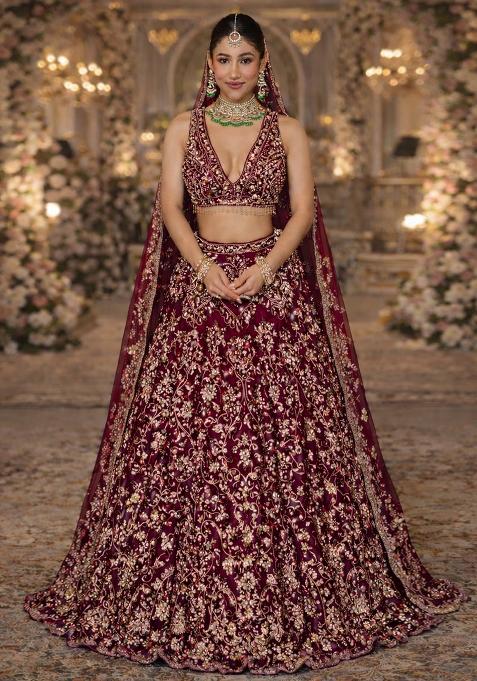 Maroon Embroidered Bridal Lehenga Set — view on Indya