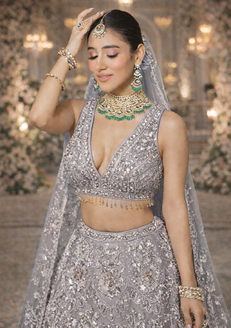 Silver  Embroidered&nbsp; Bridal Lehenga Set - Indya