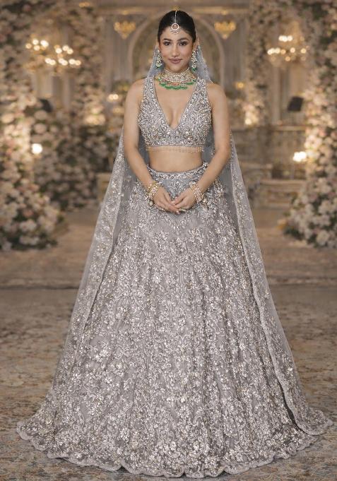 Silver Embroidered Bridal Lehenga Set — view on Indya