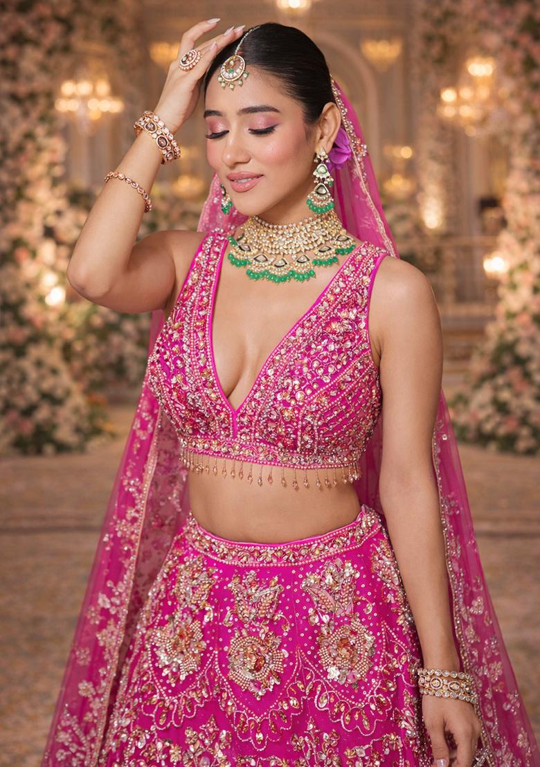 Fuchsia Pink Embroidered&nbsp; Bridal Lehenga Set - Indya