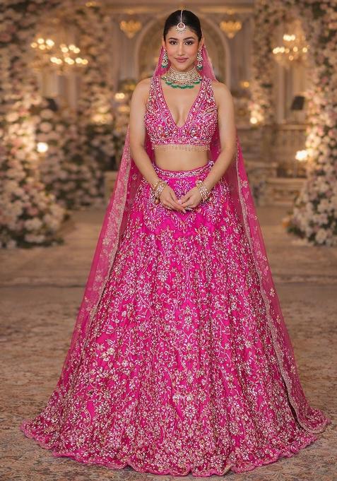 Fuchsia Pink Embroidered Bridal Lehenga Set — view on Indya