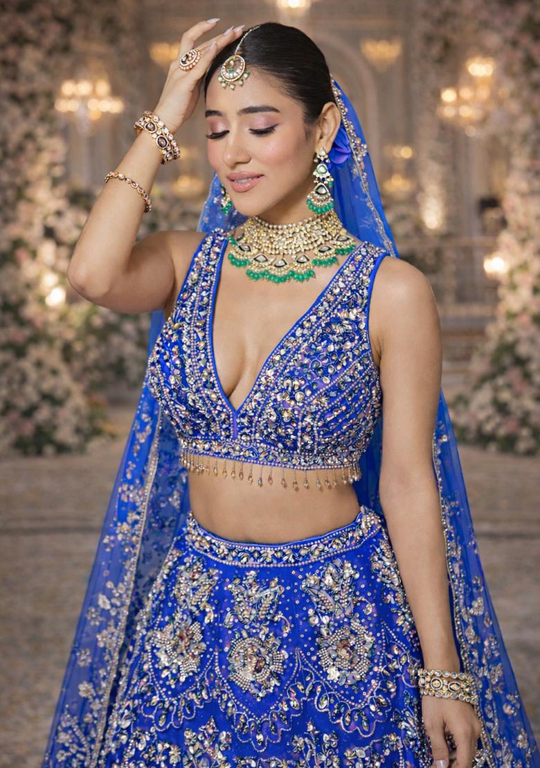 Royal Blue  Embroidered&nbsp; Bridal Lehenga Set - Indya