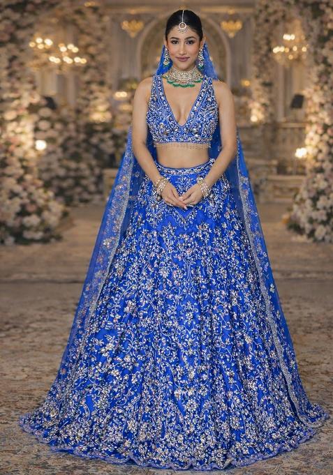 Royal Blue Embroidered Bridal Lehenga Set — view on Indya