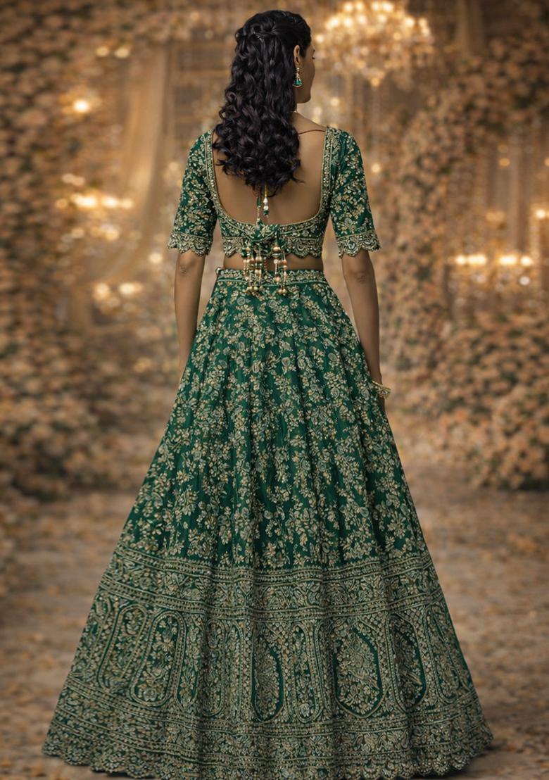 Emerald Green Embroidered&nbsp; Bridal Lehenga Set - Indya