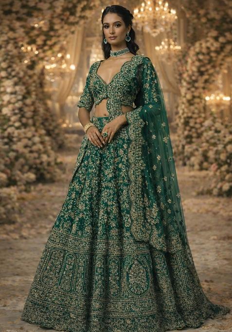 Emerald Green Embroidered Bridal Lehenga Set — view on Indya