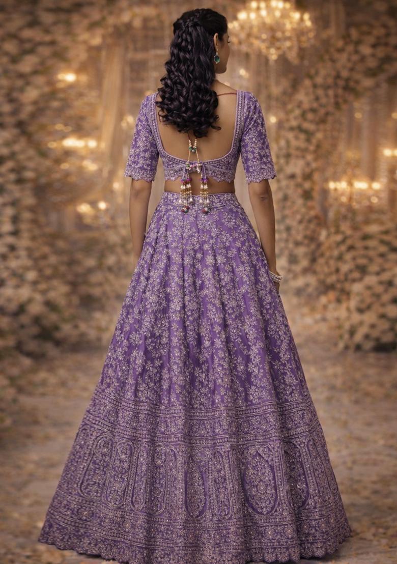 Lavendar Embroidered&nbsp; Bridal Lehenga Set - Indya