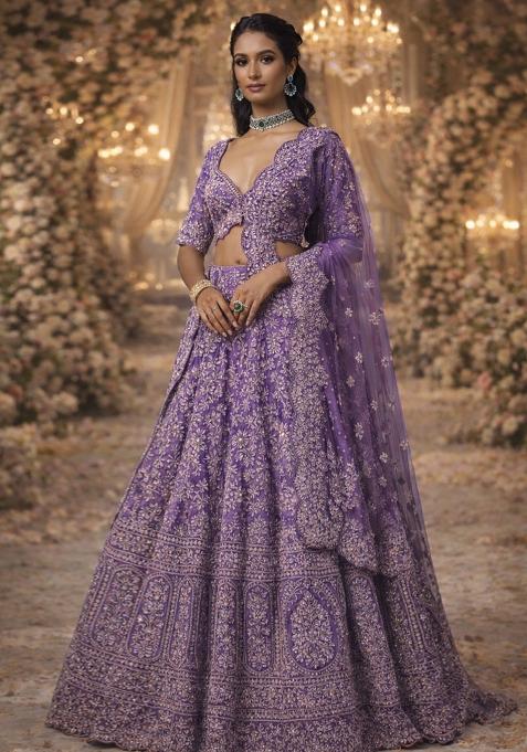Lavendar Embroidered Bridal Lehenga Set — view on Indya